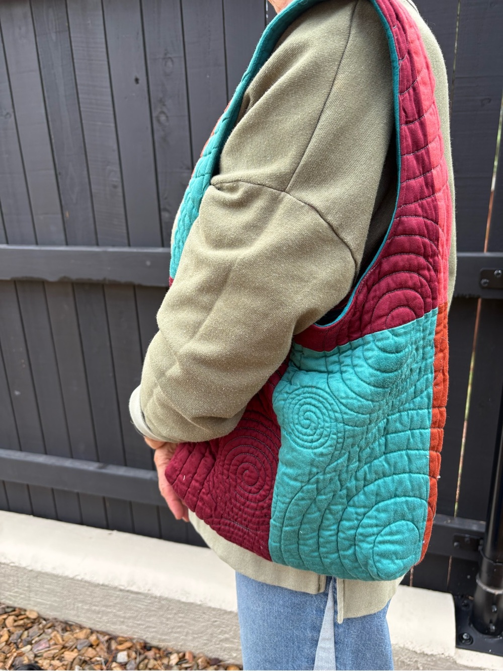 Upcycled Quilted Patchwork Shoulder Bag in Teal & Burgundy - Picture 5 of 5